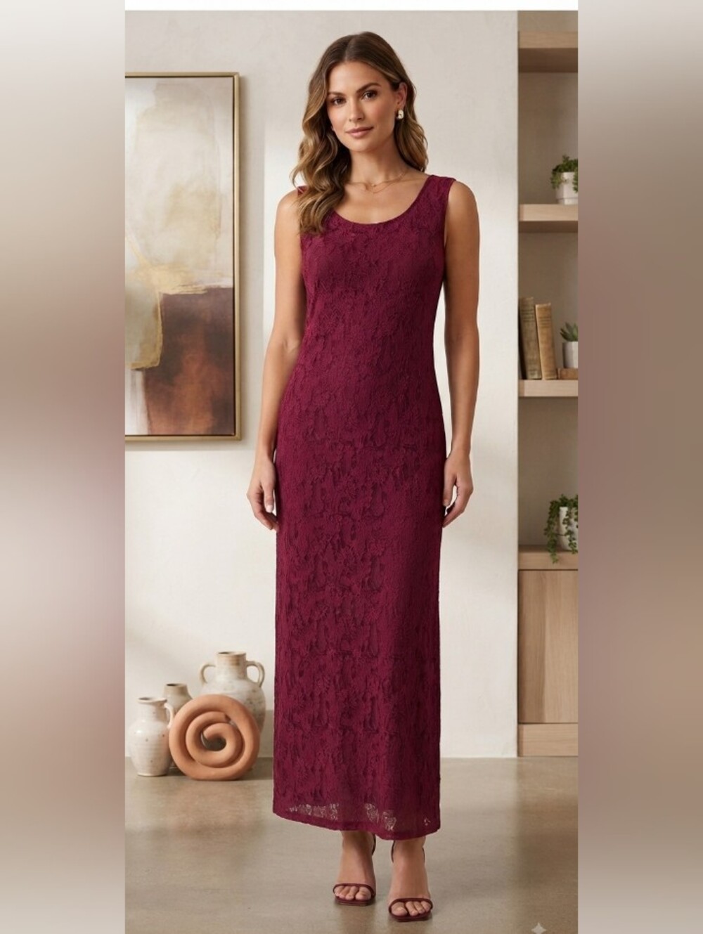 R&M Richards Wine Lace Maxi Dress